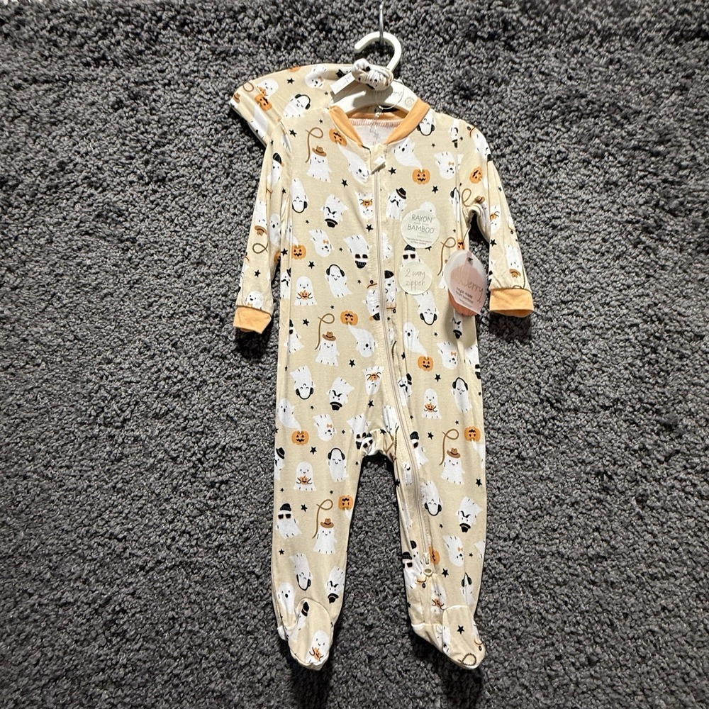 Milkberry‎ NEW 3-6M Ghost Print Bamboo Footie Romper Set Infant Halloween Goth